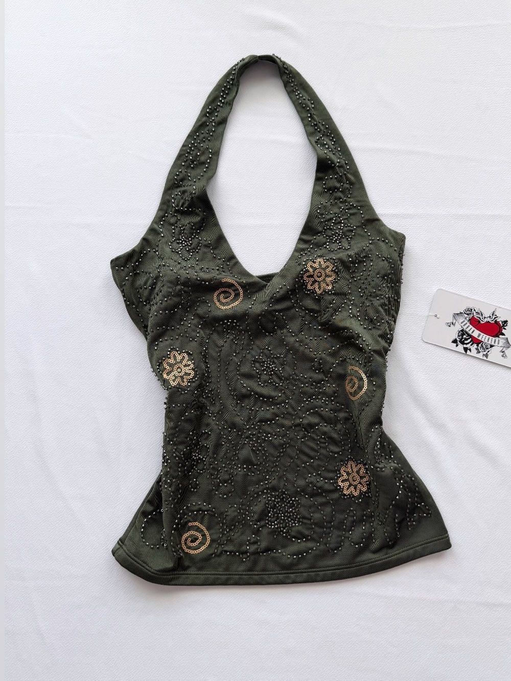 Urban Weekend Olive Beaded Halter Top fairy